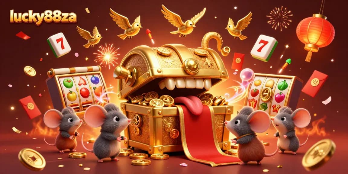 Engage with lucky88za in thrilling slots action featuring vibrant treasure chests and festive elements.