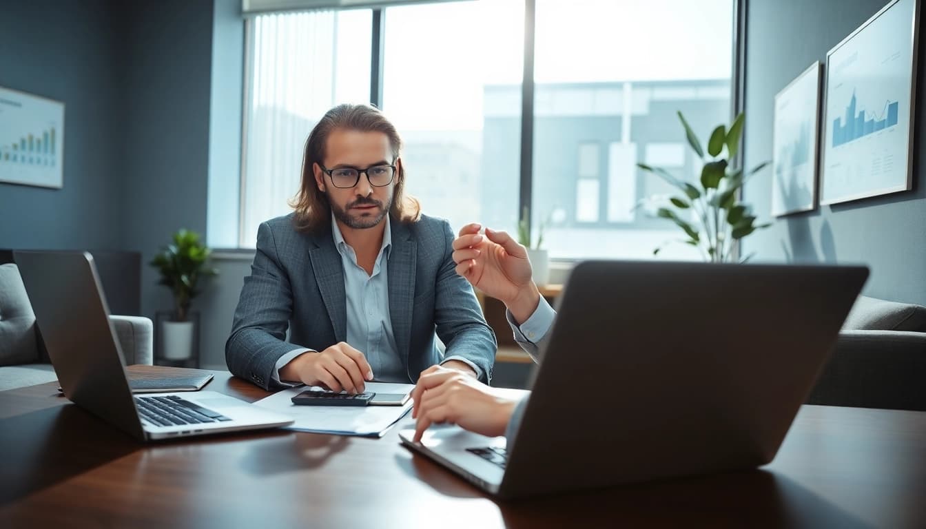 Calculate NY alimony calculator 2026 with a professional advisor in a well-lit office setting.