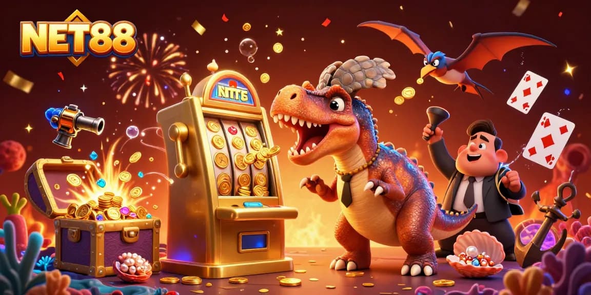 Experience the excitement of NET88 with dynamic casino characters in a vibrant 3D illustration.
