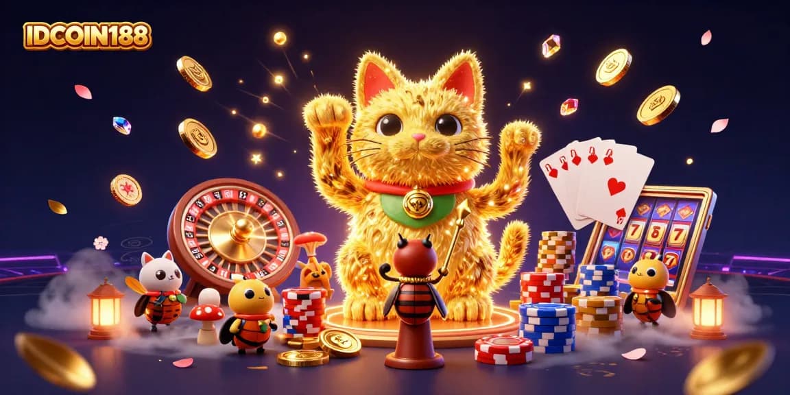 Engage with IDCOIN188's captivating 3D golden lucky cat and festive casino symbols, perfect for online gamblers.