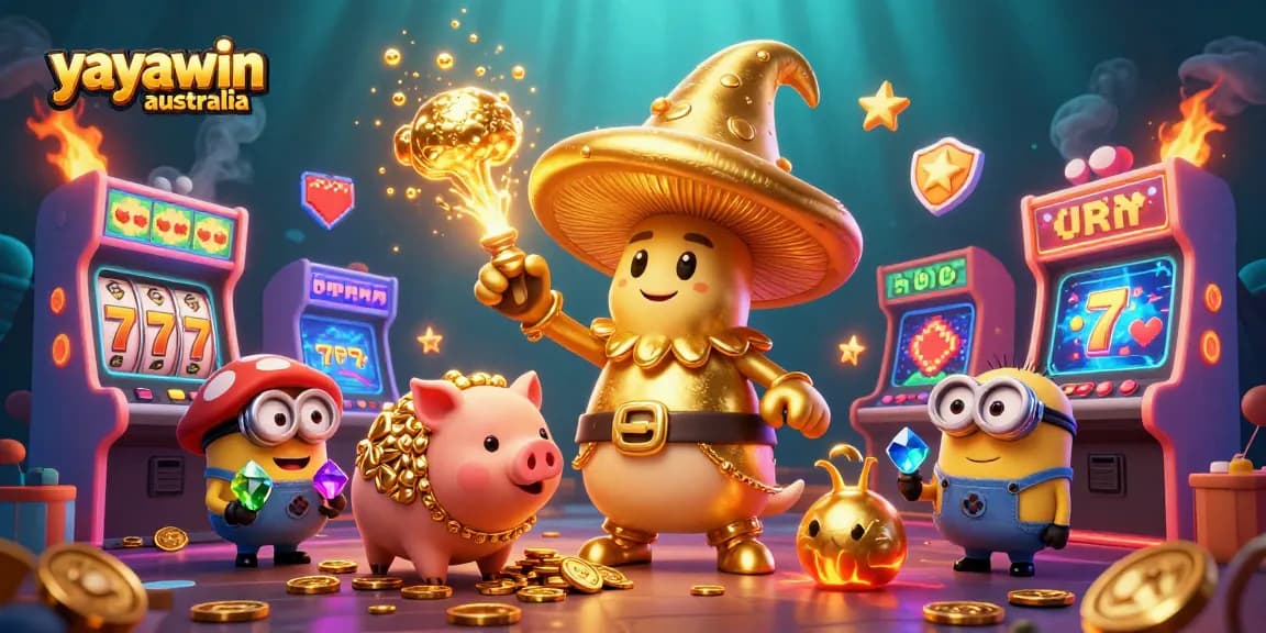 Experience the magic of yayawin australia with a golden mushroom wizard and treasure-hunting pig amid vibrant gaming elements.