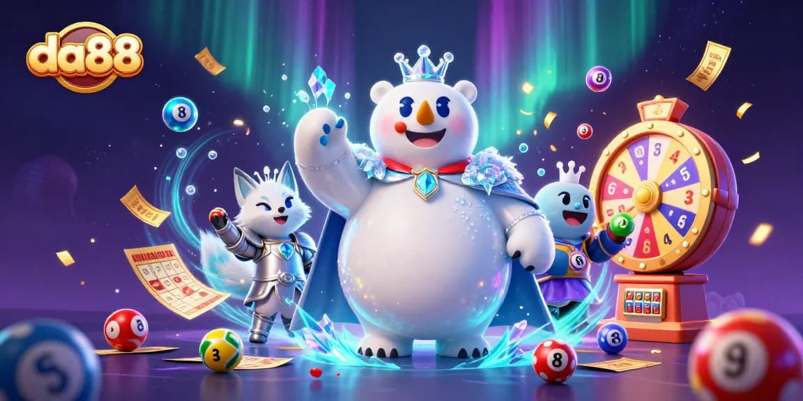 Experience da88's cartoon portrayal of a lottery scene featuring a polar bear king and a snow fox amid colorful game elements.