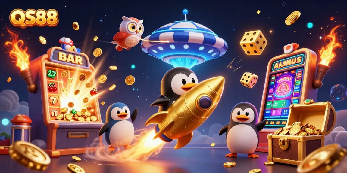 Win big with QS88 at a dynamic casino scene featuring golden penguins and stunning jackpots.