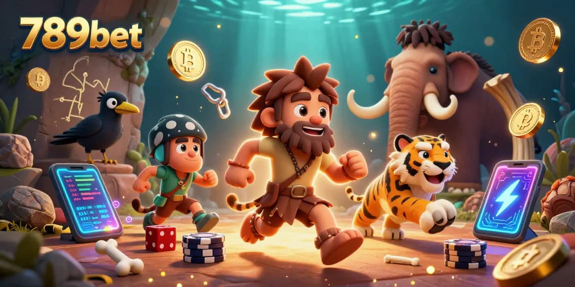 Engage with 789bet's dynamic prehistoric casino scene featuring vivid 3D characters and crypto elements.