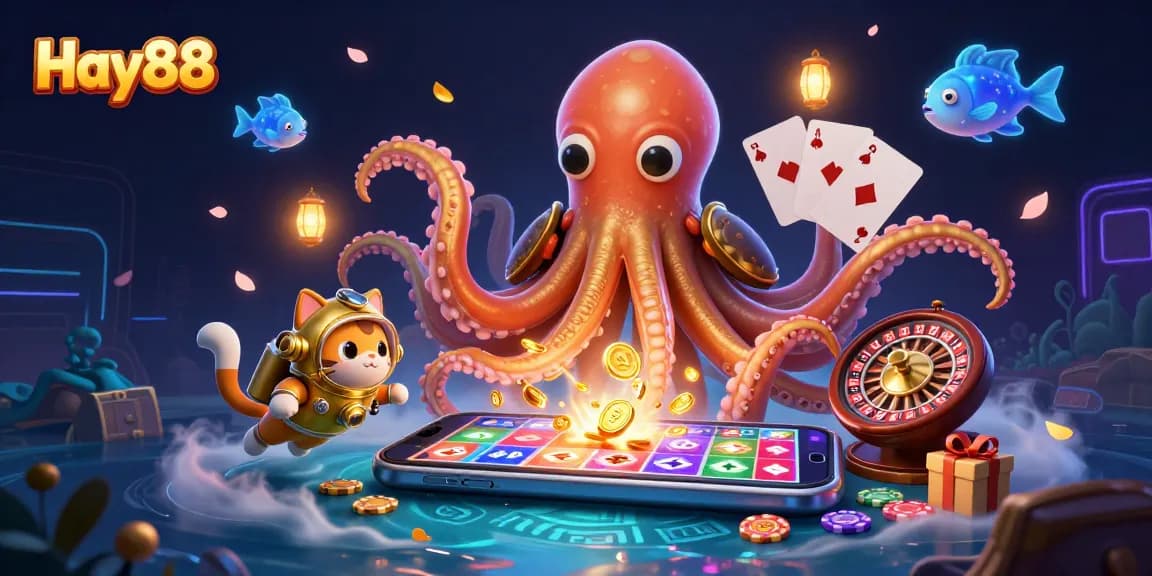Experience thrilling wins with Hay88's vibrant gambling scene featuring a kraken and deep-sea antics.