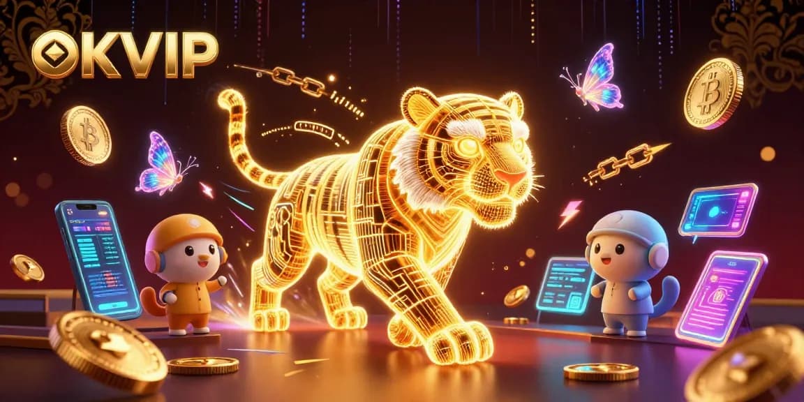 Engage with OKVIP’s dynamic digital casino scene featuring a golden tiger amidst vibrant crypto elements.