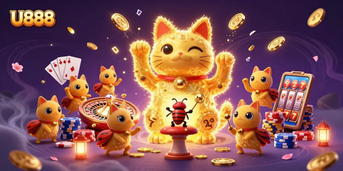 U888's lively gaming interface displaying a vibrant lucky cat, coins, and cards in dynamic motion