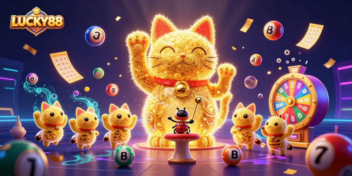 Win big with LUCKY88 showcasing a vibrant 3D illustration of a lucky cat and casino symbols.