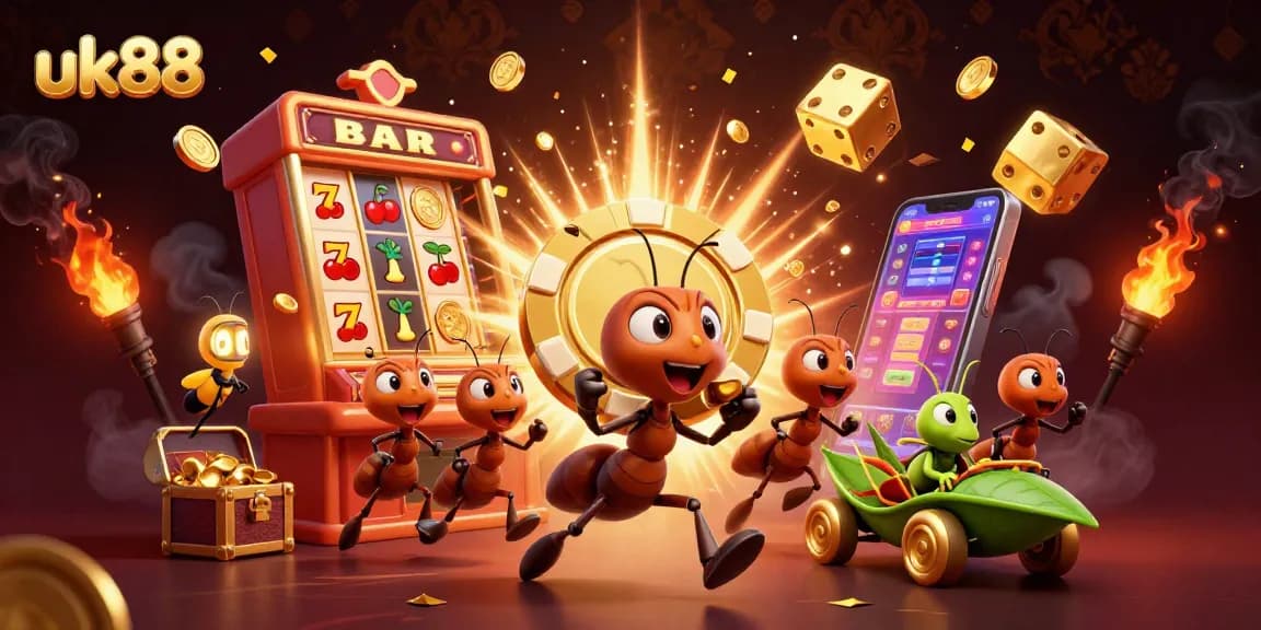 Engage with uk88 slot action as cartoon ants navigate a casino heist, bursting with winning symbols.