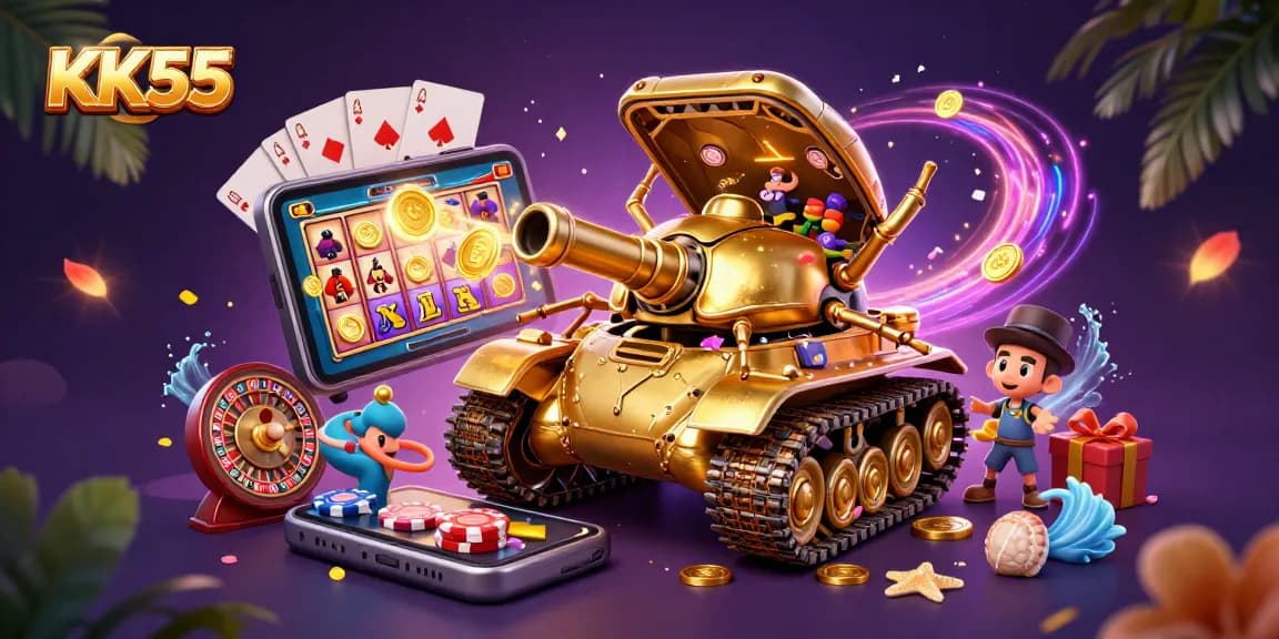 Experience KK55's thrilling mini-casino in a golden beetle tank amidst vibrant gaming elements.