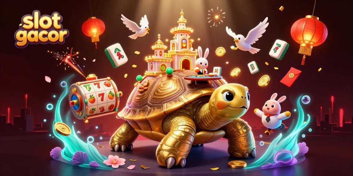 Experience slot gacor excitement with animated golden tortoise casino scene featuring card dealer and flying coins.