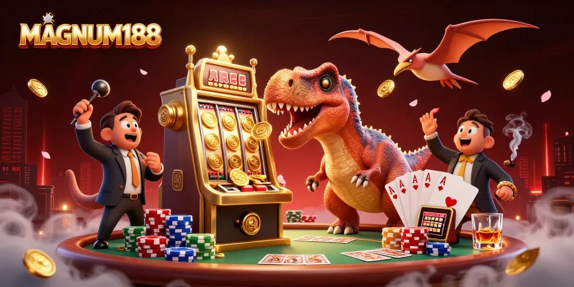 MAGNUM188 showcases a pachycephalosaurus winning jackpot coins from a slot machine in a vibrant casino setting.