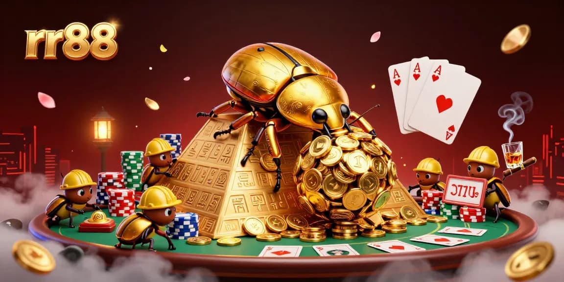 Experience the thrill of rr88 as golden beetles roll coins amidst a vibrant casino scene.