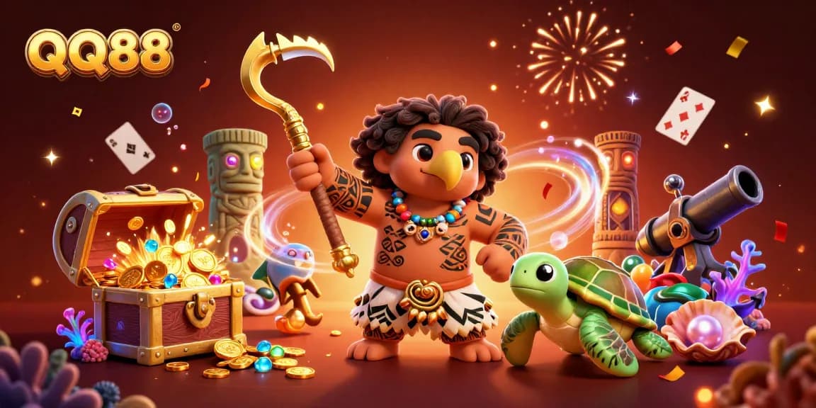 Engage with QQ88's online casino excitement featuring vibrant characters and dynamic gaming elements.