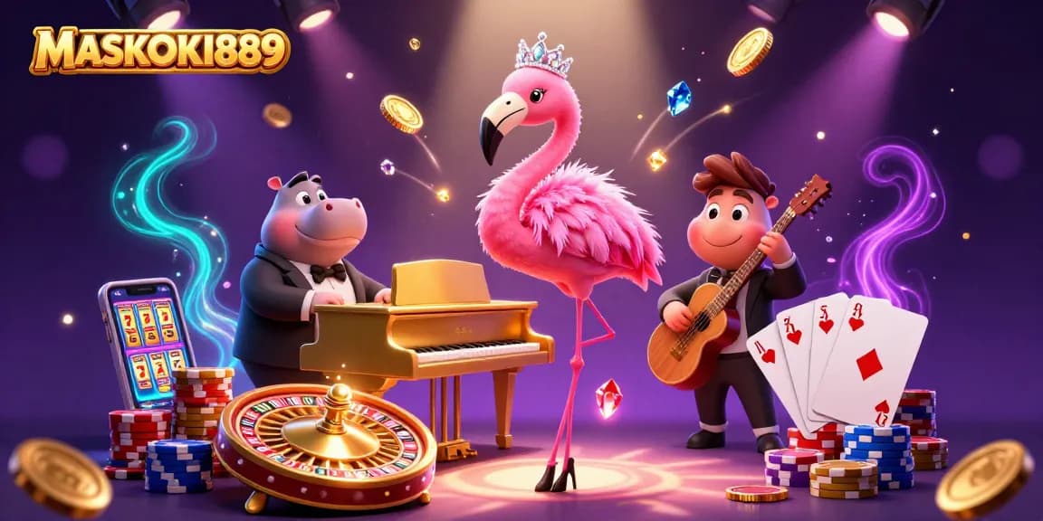 Engage with MASKOKI889's vibrant casino atmosphere featuring lively characters and dynamic gaming elements.