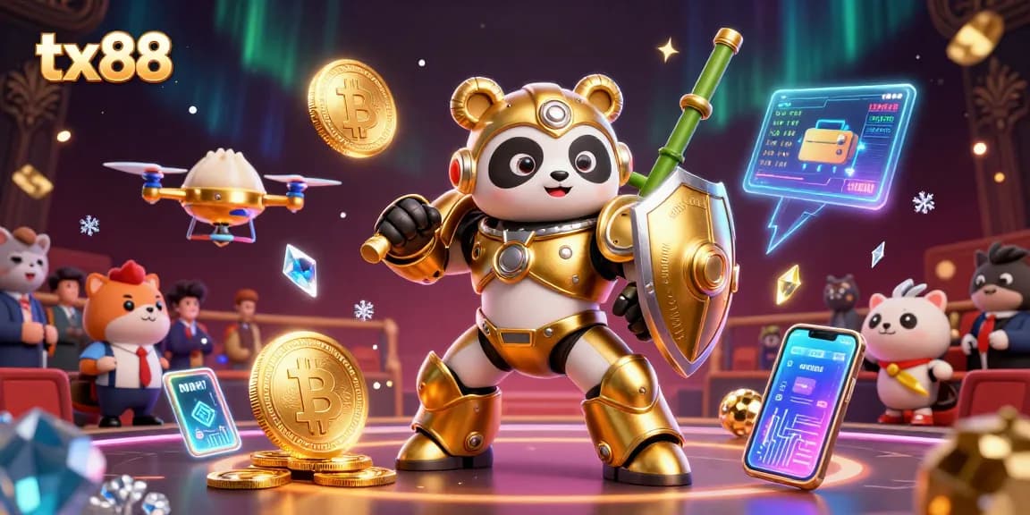 Experience thrilling action at tx88 with a vibrant 3D scene of a golden panda and crypto coins.
