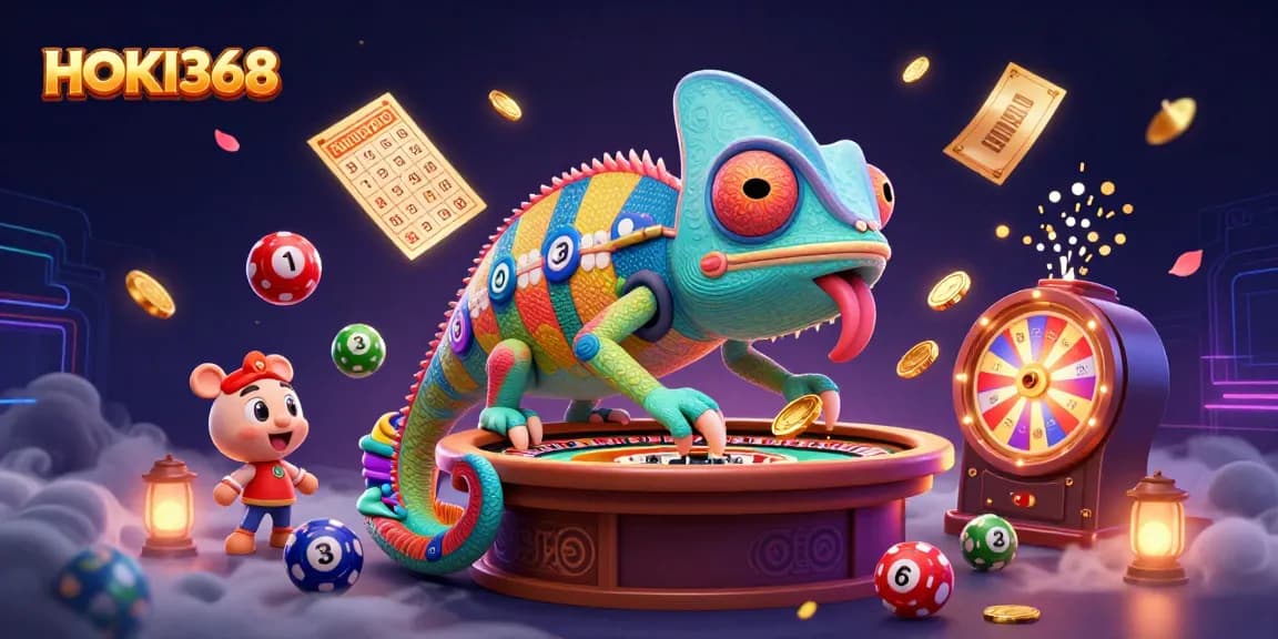 Experience the vibrant world of HOKI368, where a chameleon casino owner captures gold coins amidst a dynamic gambling scene.