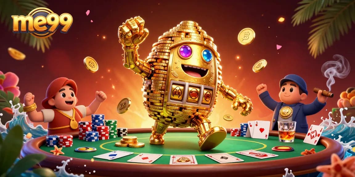 Experience me99 excitement with a golden golem on a vibrant poker scene.