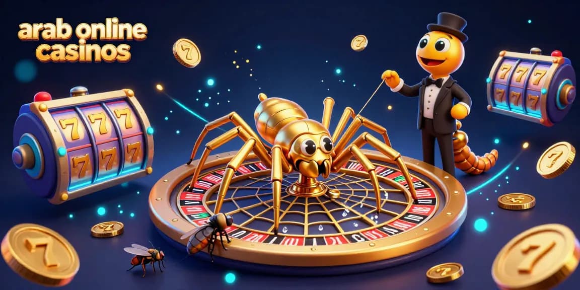 Engaging scene showing a cartoon golden spider and centipede croupier in arab online casinos, spinning roulette.