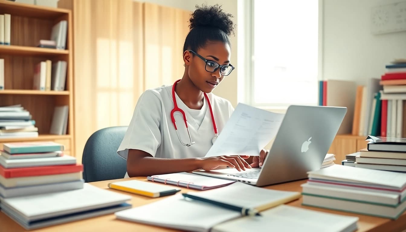 Prepare for the Past Nclex fast with a nurse studying in a bright environment, focused on her goals.
