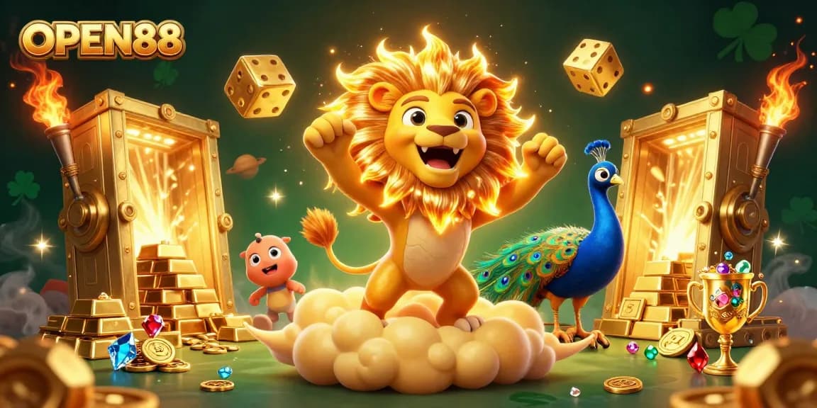 Experience the thrill of gaming with OPEN88's vibrant and dynamic 3D casino illustration, showcasing excitement and abundance.