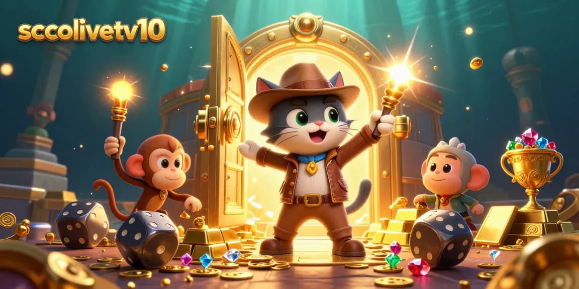 Socolivetv10 showcases an archaeologist cat discovering golden casino treasures in a vibrant temple scene.