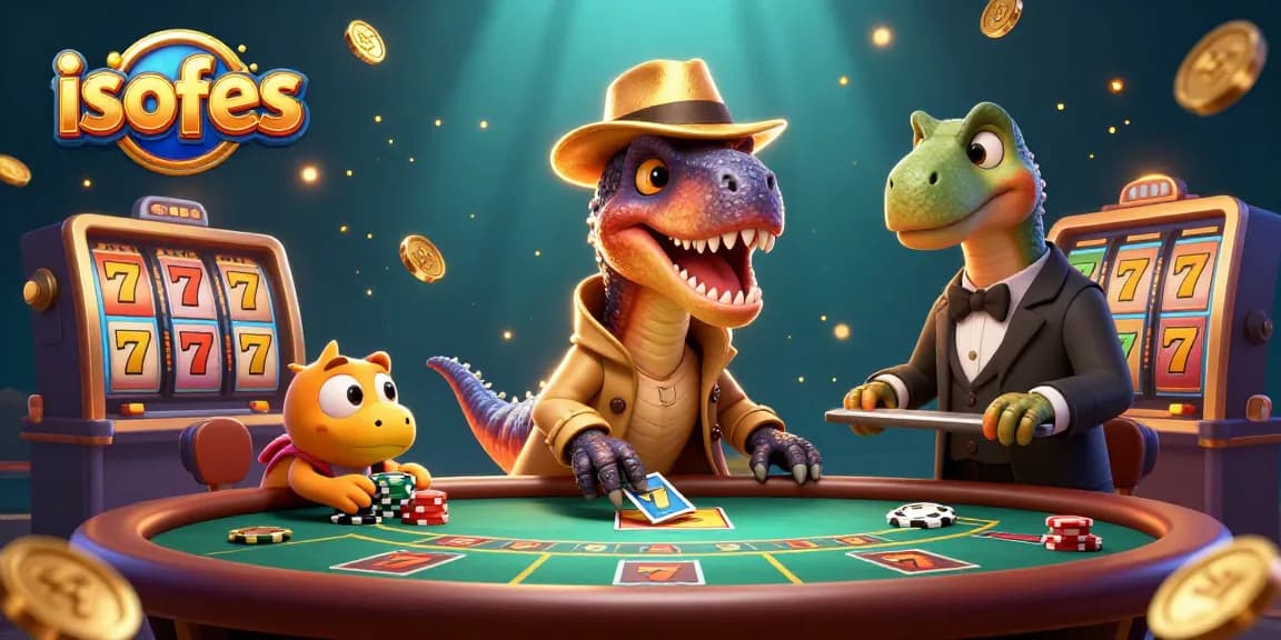 Experience the excitement of isofes with a dynamic casino scene featuring cartoon dinosaurs enjoying slots.