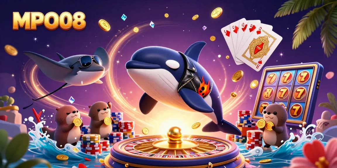 MPO08 showcases an orca whale in a biker jacket jumping amidst casino elements, capturing vibrant gaming excitement.