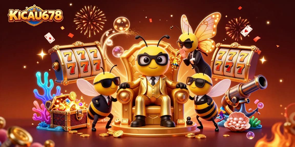 KICAU678 showcases a whimsical bumblebee mob boss amidst vibrant casino elements, exuding fun and excitement.