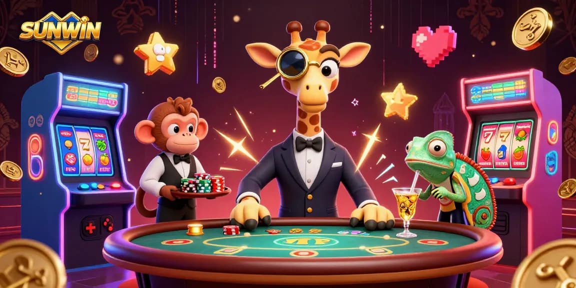 SUNWIN creates excitement with a high-roller giraffe and vibrant slot reels at a luxurious casino.