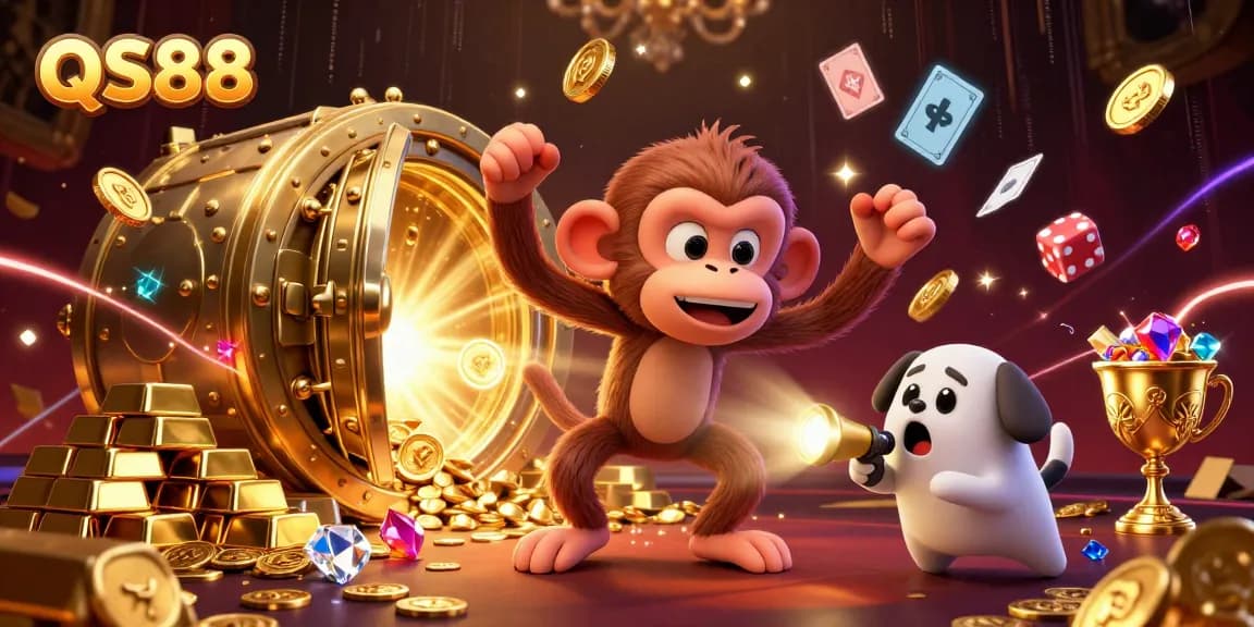 Experience thrilling gameplay at QS88 with a ghost-hunter puppy tracking a poltergeist monkey in a vibrant casino.