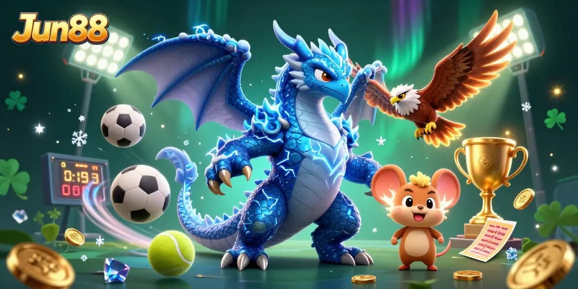 Experience thrilling gaming at Jun88 with a dynamic illustration of exciting characters and sports elements.