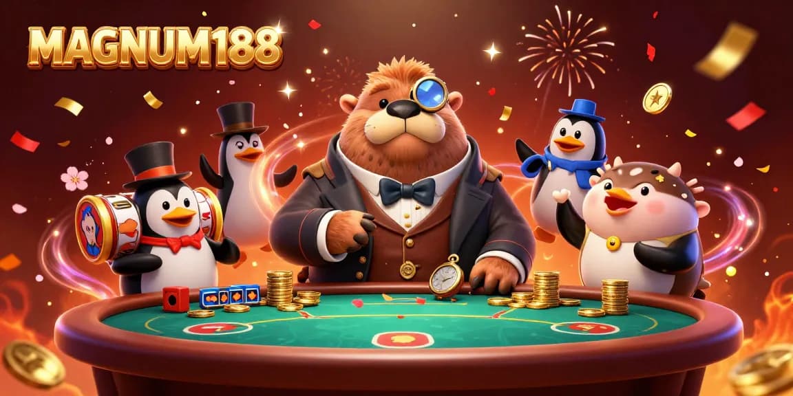 Join the excitement at MAGNUM188 with a jolly walrus and friends at a themed poker table.