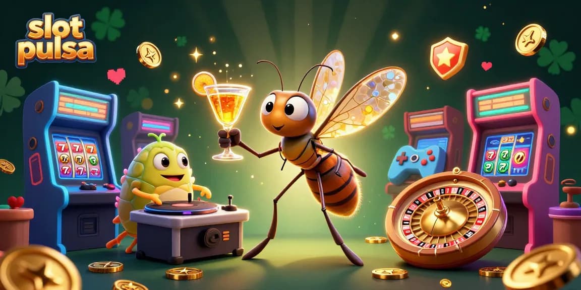 Engage with slot pulsa action in a vibrant casino scene featuring a frozen mosquito mascot and a trilobite DJ.