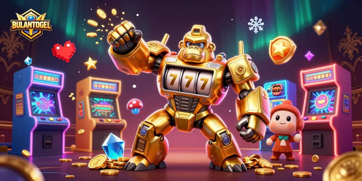 BULANTOGEL features a dynamic scene with a golden gorilla mech, slot machine parts, and coins exploding in a casino setting.