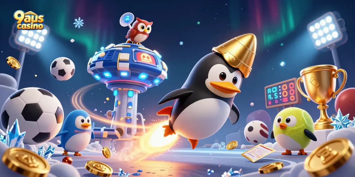 Experience thrilling gameplay at 9aus casino with golden coins, sports elements, and vibrant visuals.