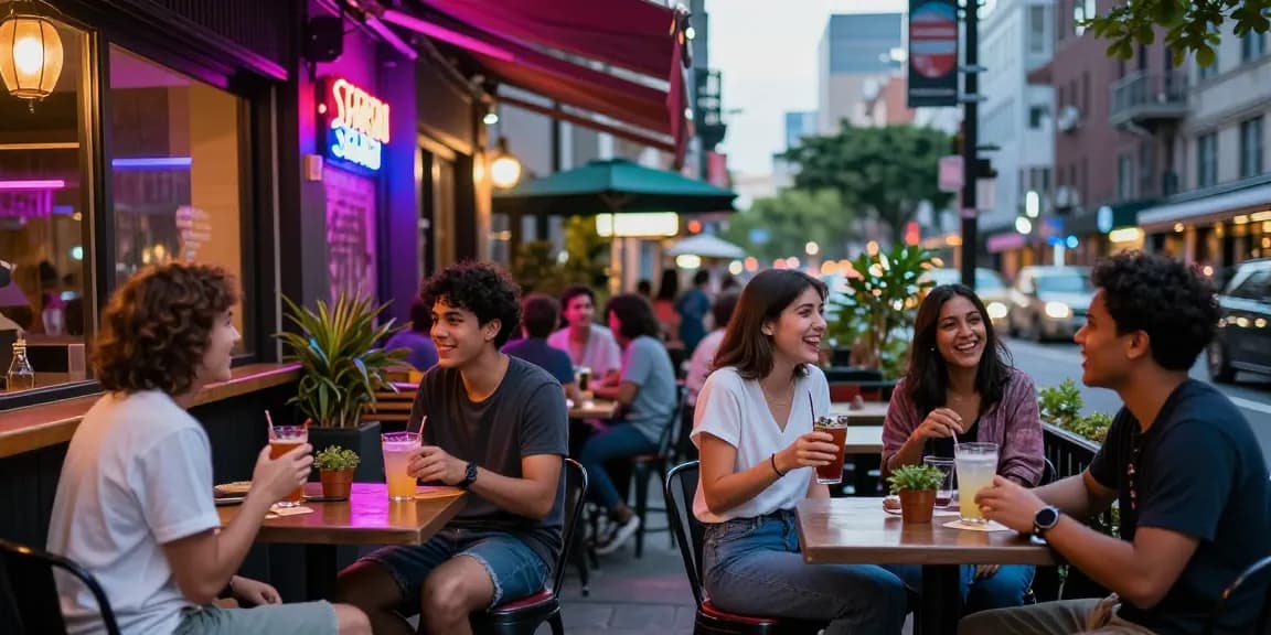 Enjoying vibrant nightlife at a 유흥사이트 in a bustling urban scene with friends.