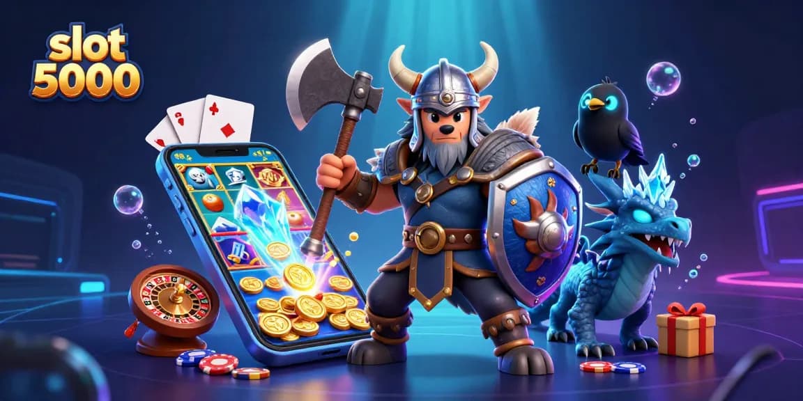 Menangkan slot 5000 dengan simbol keberuntungan dan karakter lucu dalam ilustrasi kasino 3D yang kaya detail.