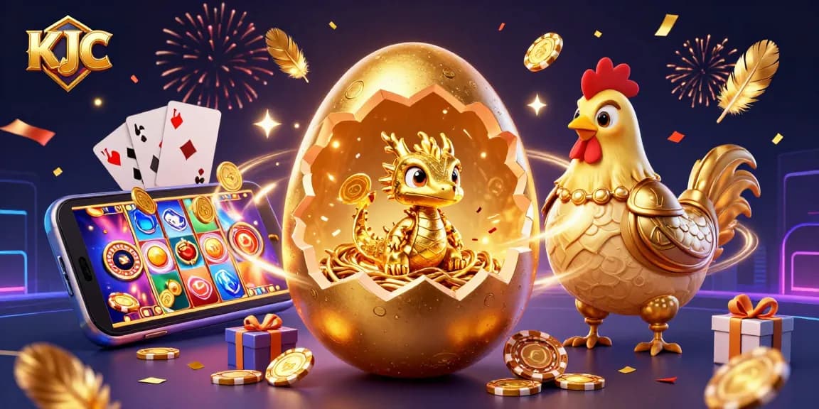KJC showcases gaming excitement with a golden dragon, poker chips, and vibrant casino elements.