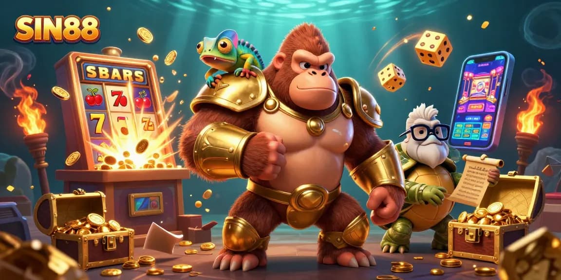 SIN88 showcases winning moments with a powerful gorilla king and ancient scrolls in a vibrant casino scene.