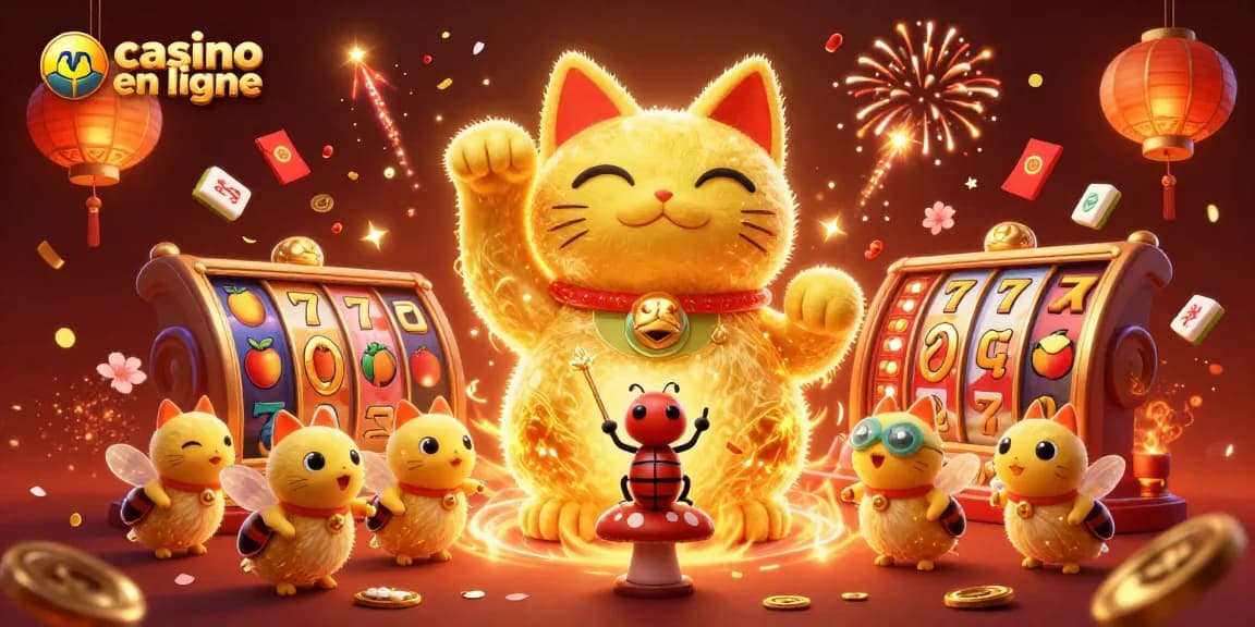 Profitez de l'excitation du casino en ligne avec un chat porte-bonheur et des éléments festifs.