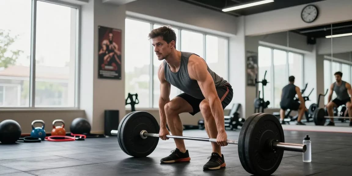 Man in gym clothes Men's training for deadlifts in modern fitness studio.