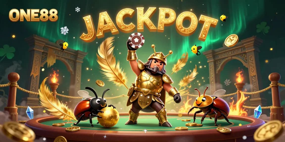 ONE88's 3D cartoon beetles celebrate a poker victory in an energetic casino illustration.