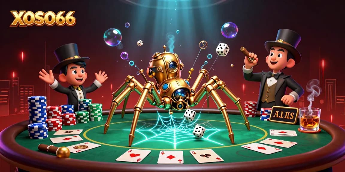 XOSO66 showcases a dynamic 3D illustration of a golden spider in a web of casino elements with poker chips and community cards.