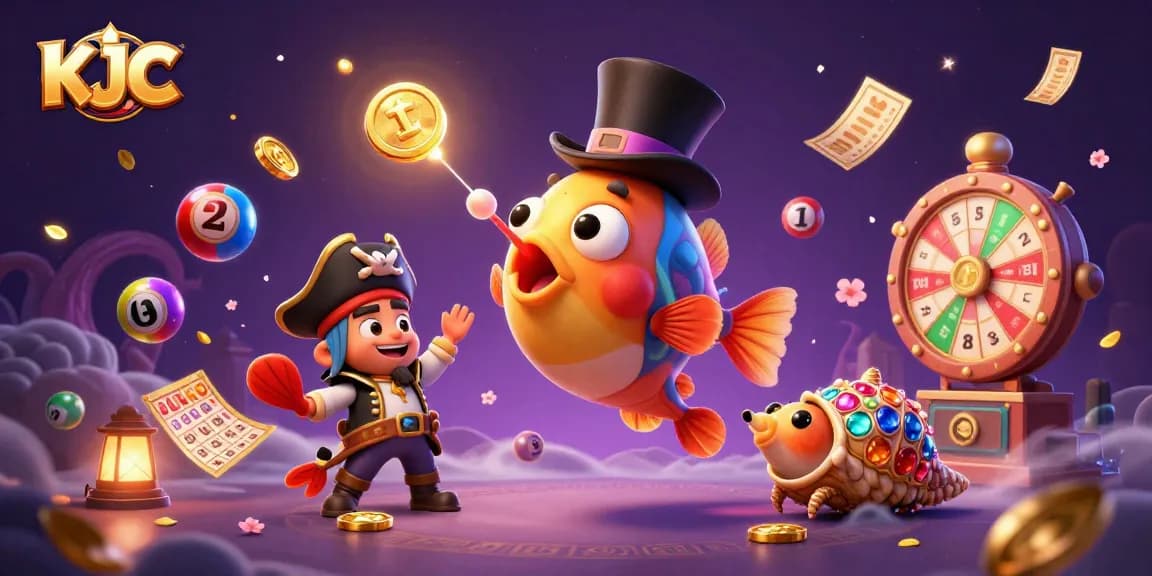 Attract golden coins and prizes with KJC's vibrant gaming scene featuring lively sea creatures.