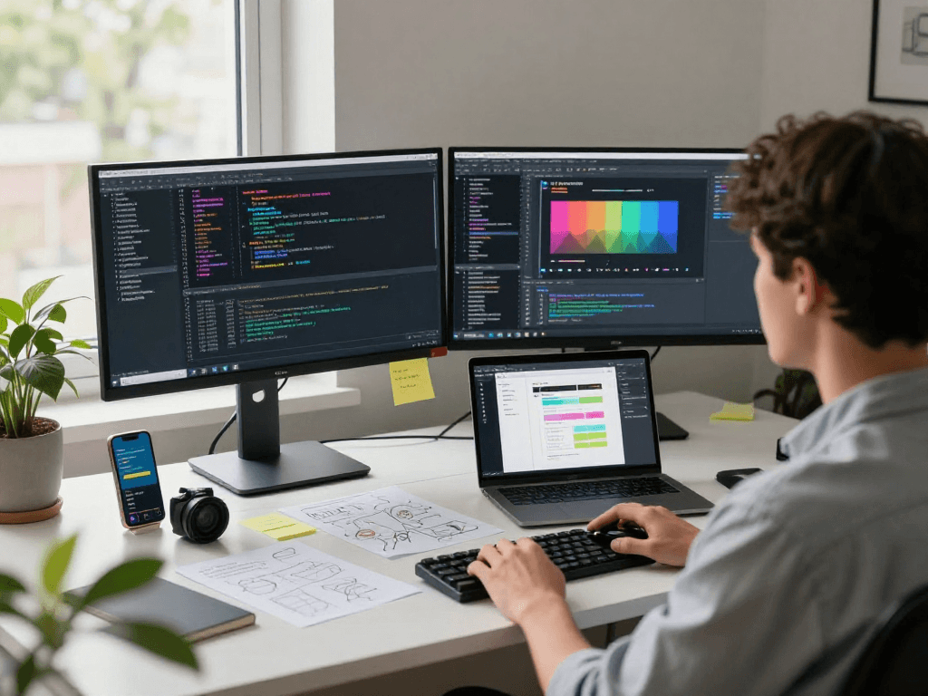 Pengembang berfokus pada delapantoto di ruang kerja modern dengan dua monitor dan laptop, dikelilingi oleh alat teknologi.
