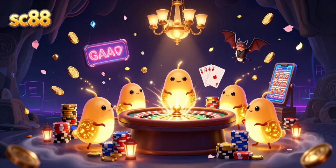 Experience sc88 excitement with glowworms illuminating a cave casino, showcasing vibrant gameplay elements.