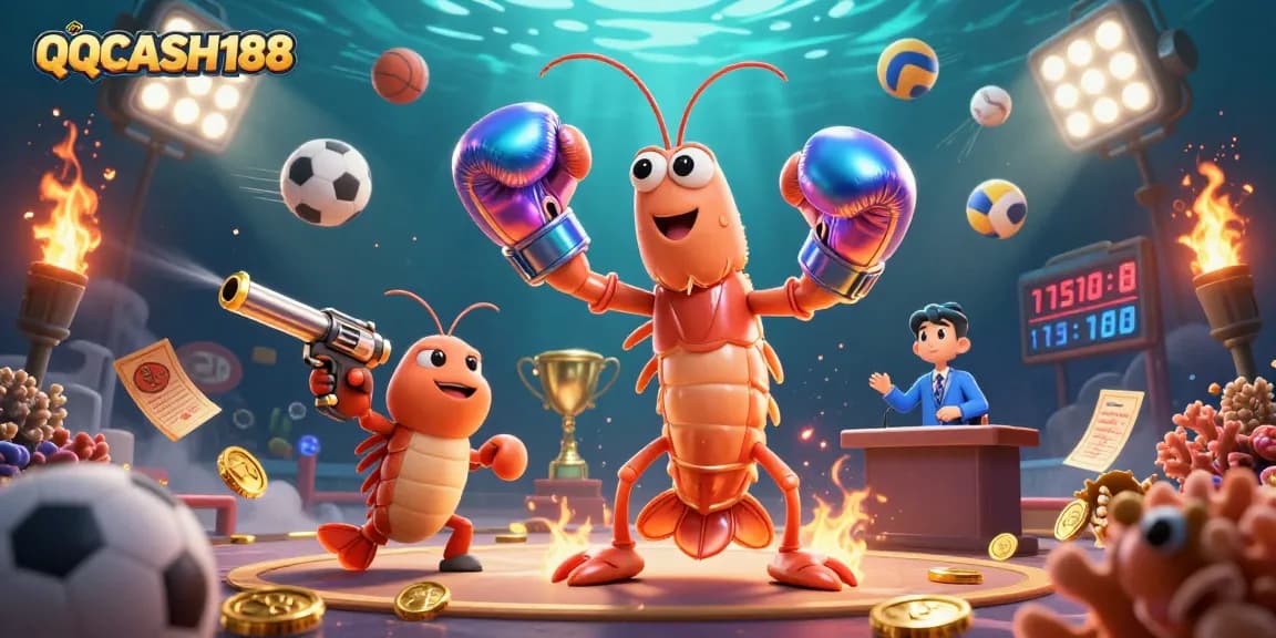 Bet on QQCASH188 as the mantis shrimp duo battles with vibrant casino elements in an exciting underwater scene.
