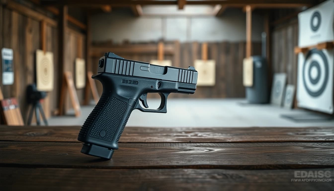 Showcase the glock 43x mos pistol with a sleek profile and detailed design in a realistic shooting range setting.