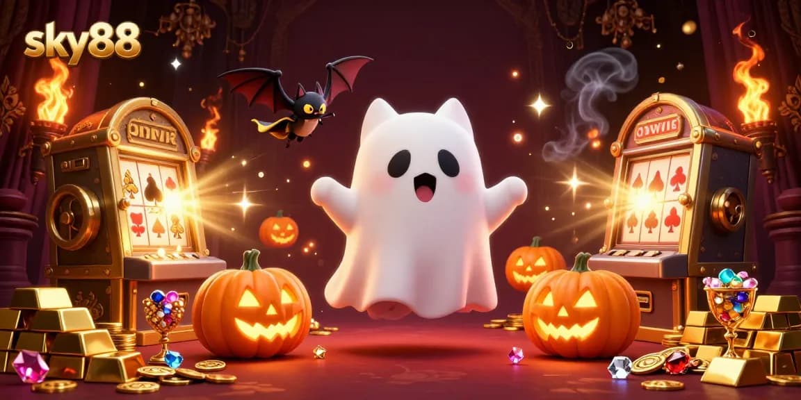 Engage with sky88 at the haunted casino featuring a ghost cat, bat, and poker jack-o-lanterns amidst treasures.